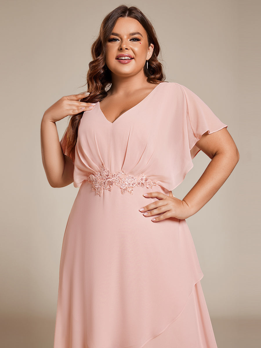 Robe De Soirée En Mousseline De Soie Col En V Manches Chauve-Souris Taille Trapèze Grande Taille #Couleur_Rose