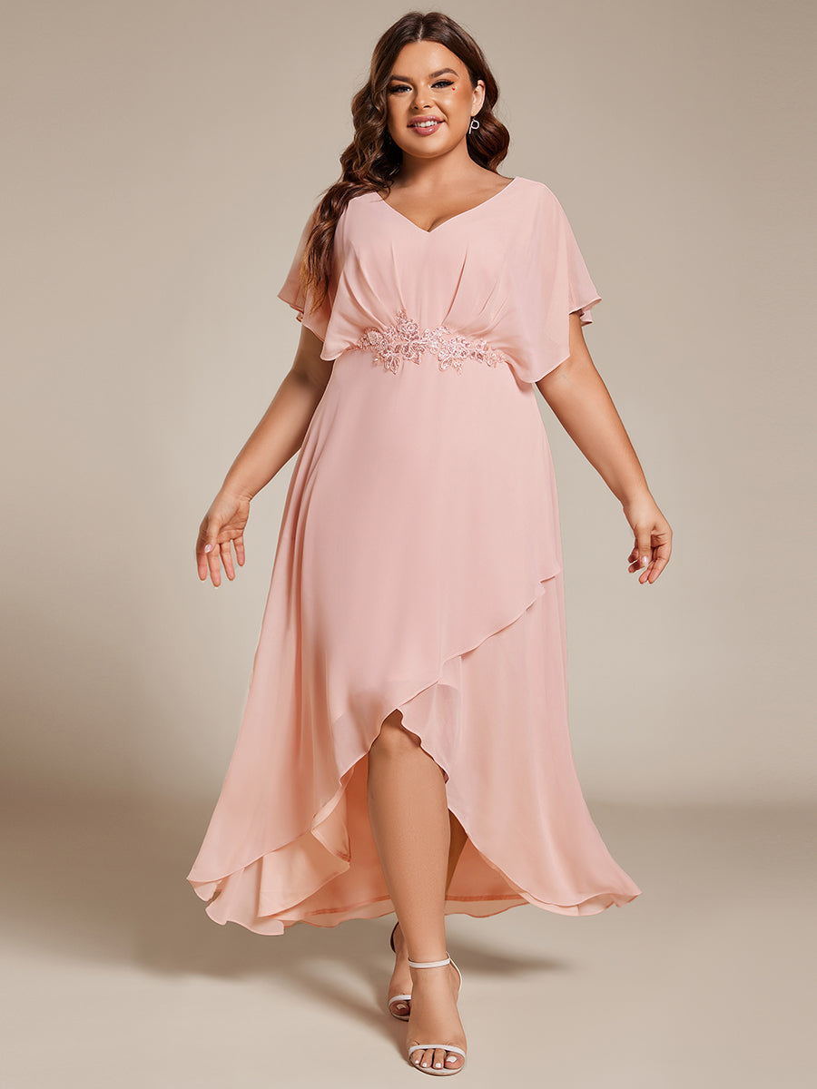 Robe De Soirée En Mousseline De Soie Col En V Manches Chauve-Souris Taille Trapèze Grande Taille #Couleur_Rose