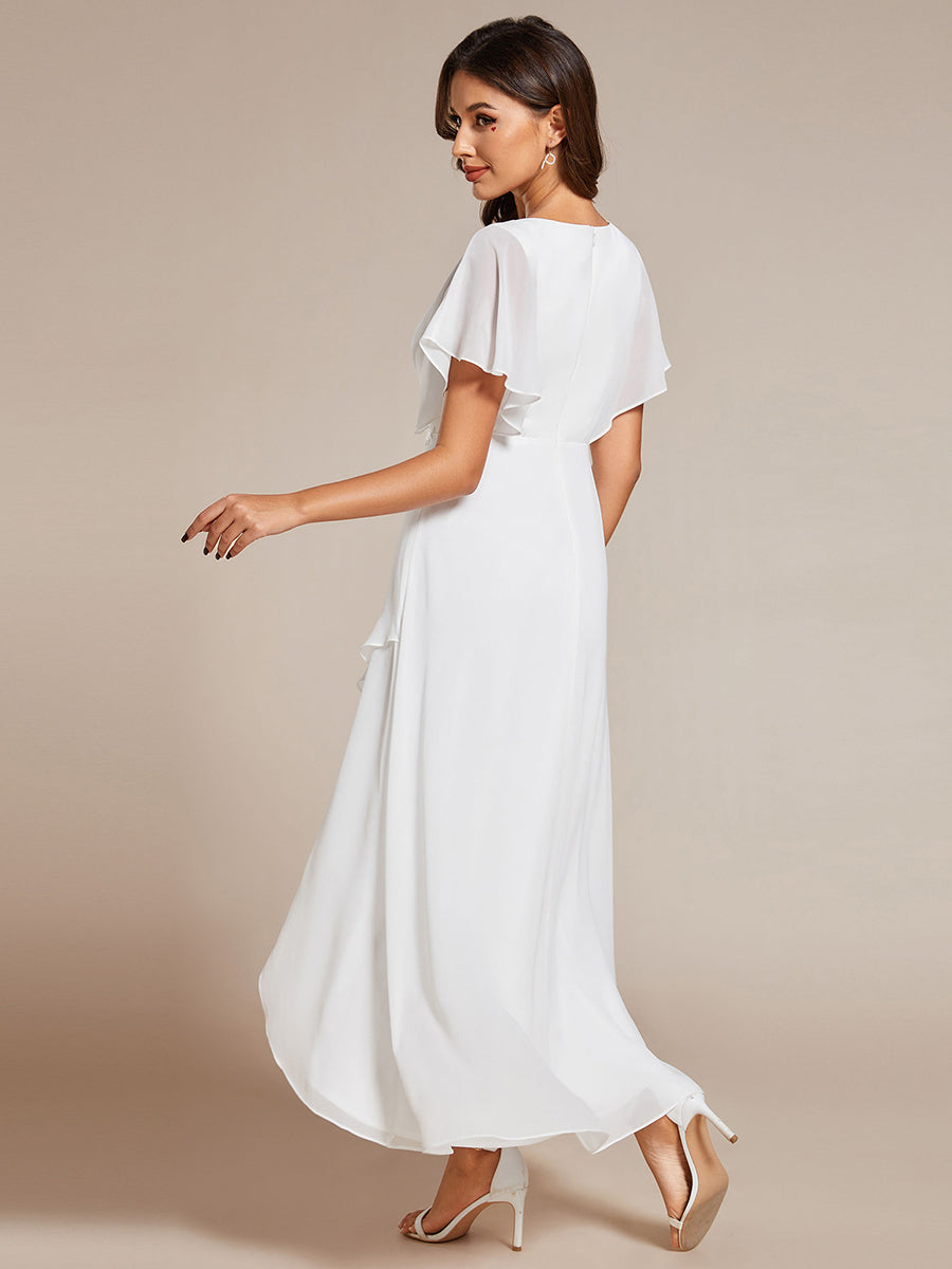 Robe Formelle élégante à Manches Courtes Et Taille Trapèze Avec Ourlet En Feuille De Lotus #Couleur_Blanc