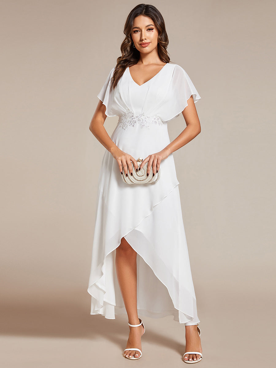 Robe Formelle élégante à Manches Courtes Et Taille Trapèze Avec Ourlet En Feuille De Lotus #Couleur_Blanc