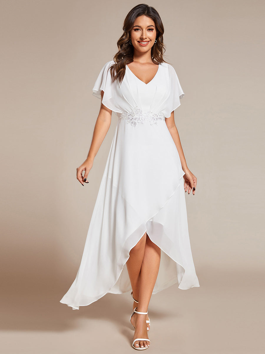 Robe Formelle élégante à Manches Courtes Et Taille Trapèze Avec Ourlet En Feuille De Lotus #Couleur_Blanc