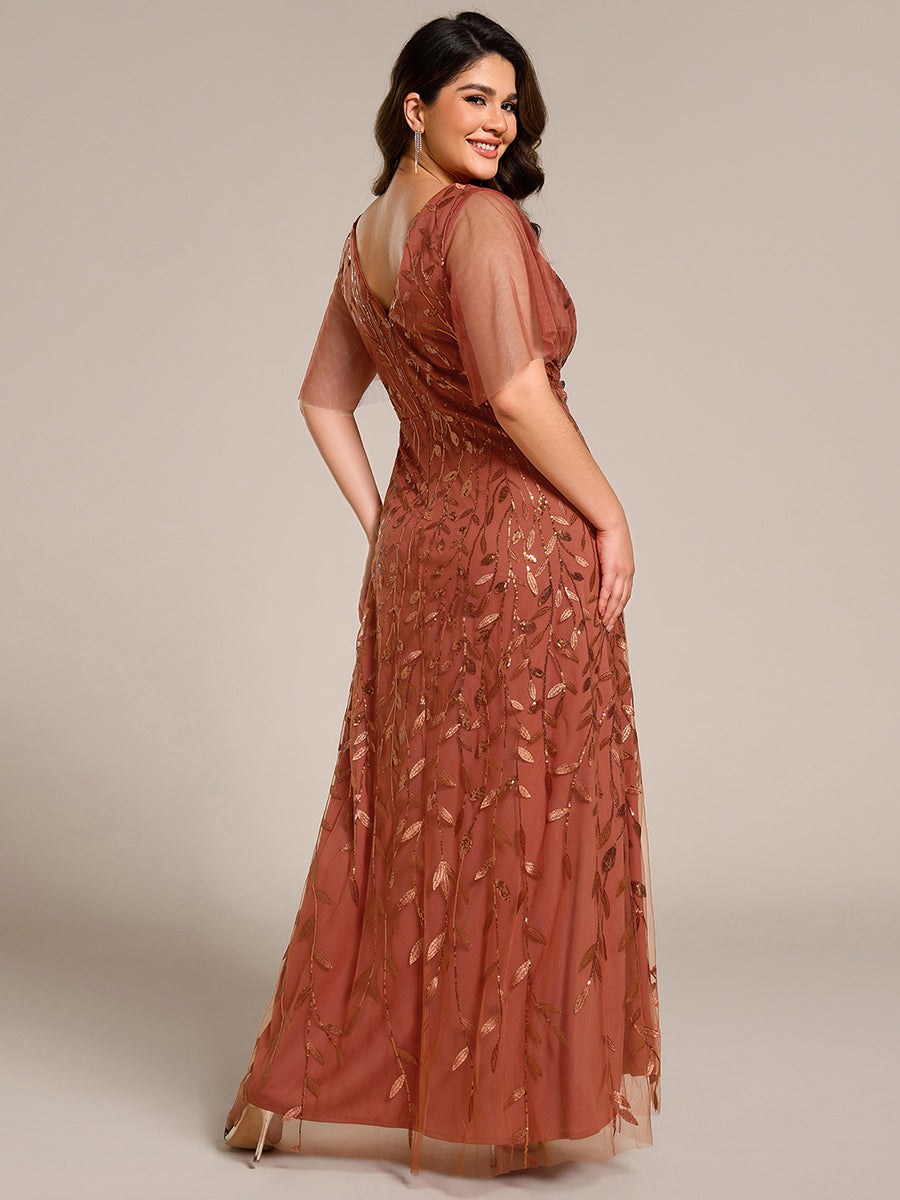 Robes de soirée pailletées à fente haute et col en V de grande taille #Couleur_Orange Brûlée