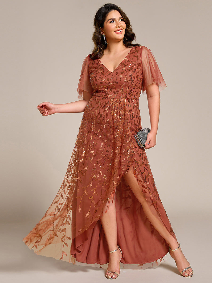 Robes de soirée pailletées à fente haute et col en V de grande taille #Couleur_Orange Brûlée