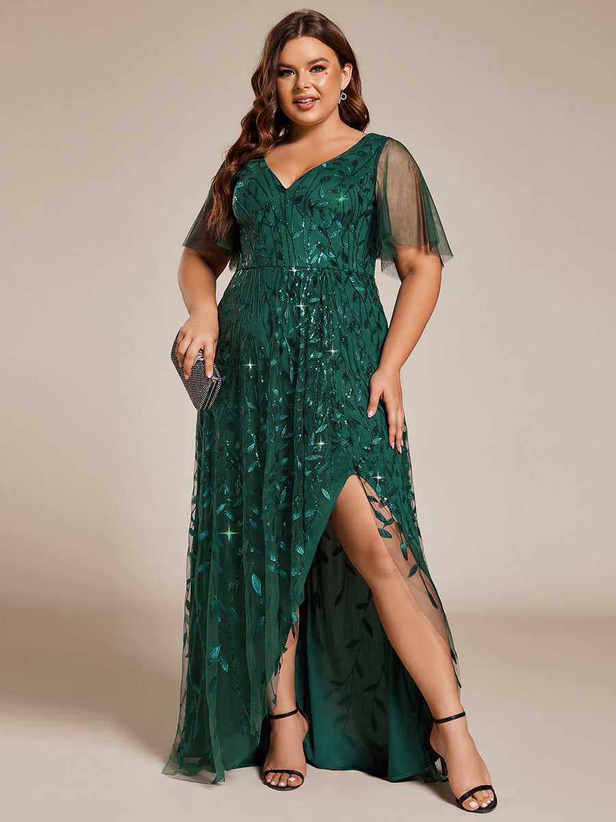 Robes de soirée pailletées à fente haute et col en V de grande taille #Couleur_Vert Fonce