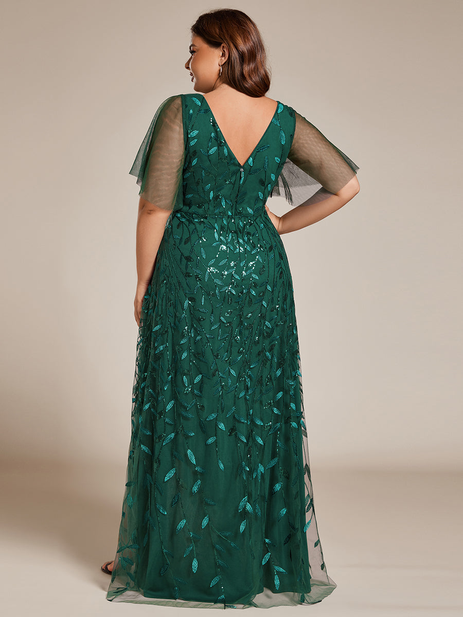 Robes de soirée pailletées à fente haute et col en V de grande taille #Couleur_Vert Fonce