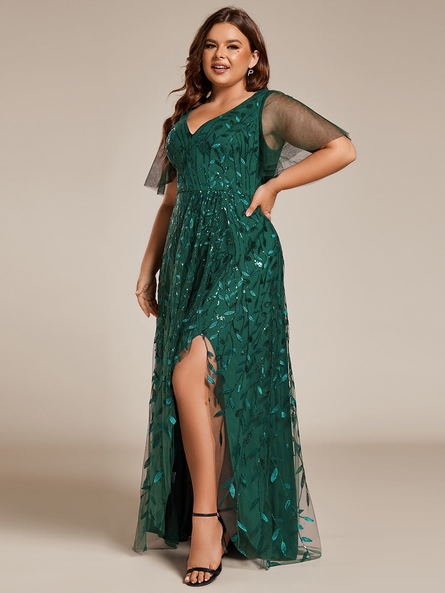 Robes de soirée pailletées à fente haute et col en V de grande taille #Couleur_Vert Fonce