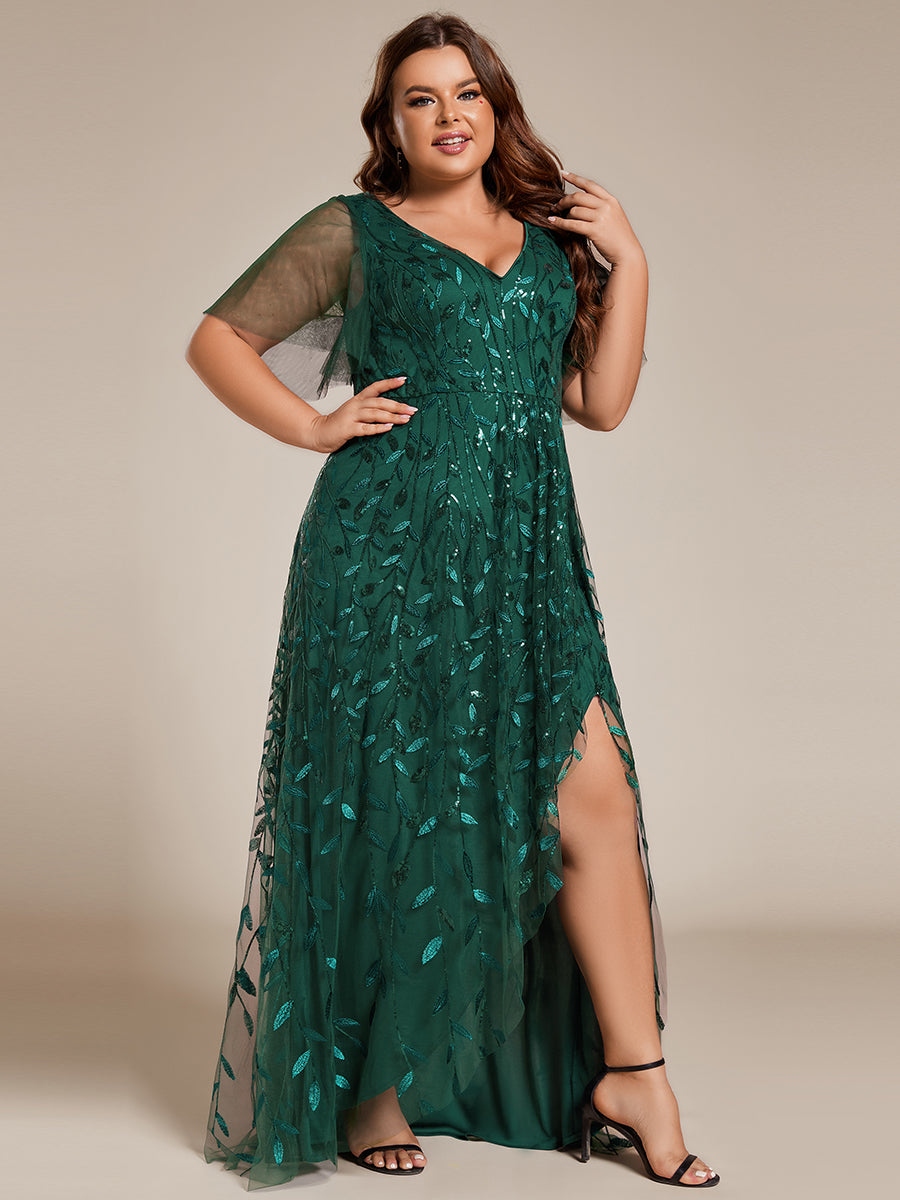 Robes de soirée pailletées à fente haute et col en V de grande taille #Couleur_Vert Fonce