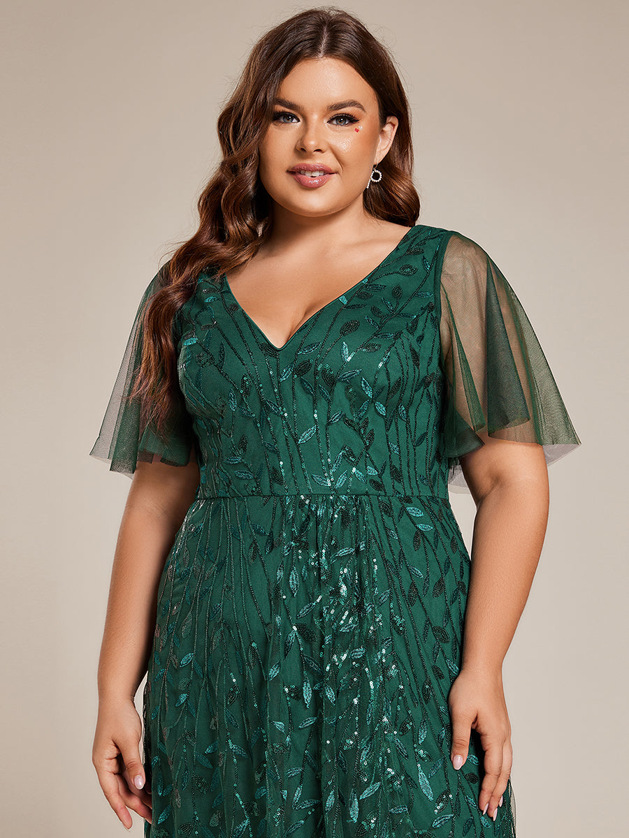 Robes de soirée pailletées à fente haute et col en V de grande taille #Couleur_Vert Fonce