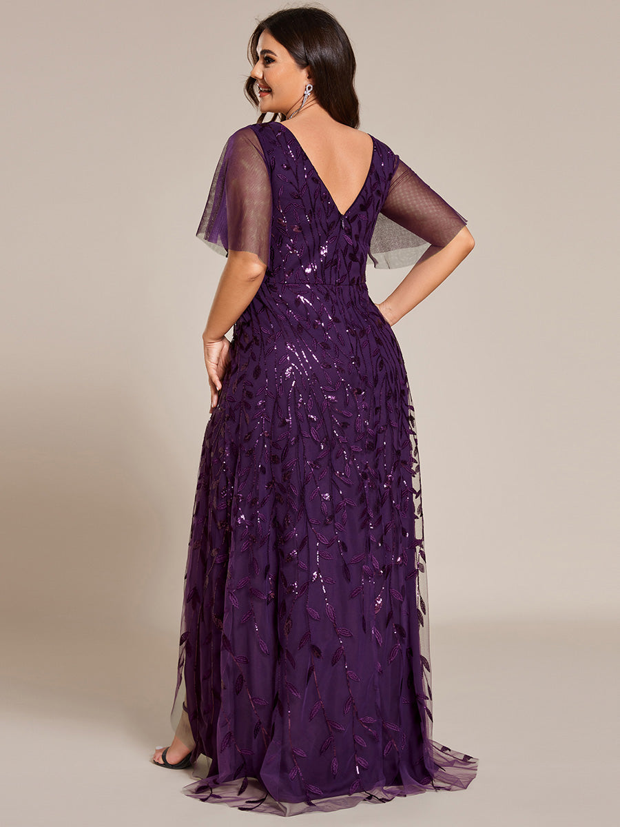 Robes de soirée pailletées à fente haute et col en V de grande taille #Couleur_Violet Fonce