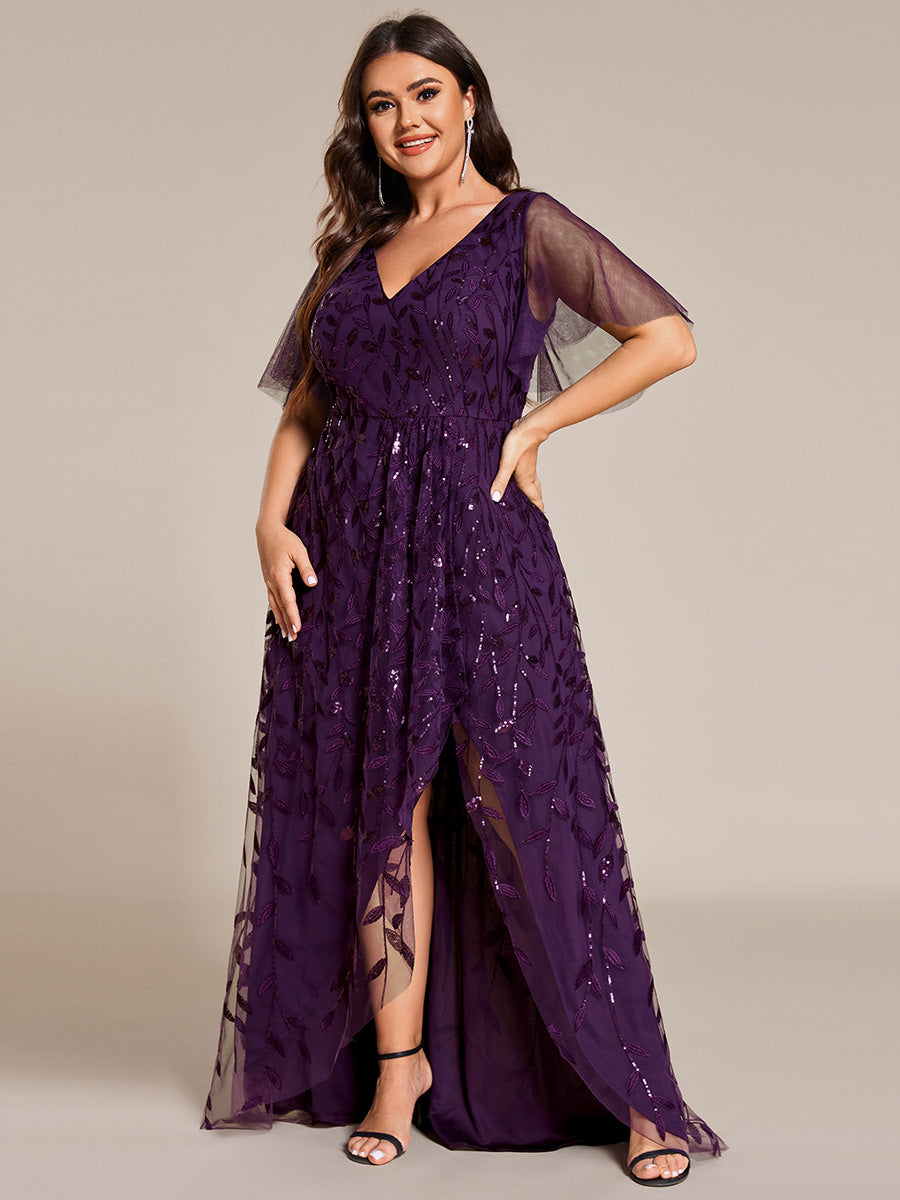 Robes de soirée pailletées à fente haute et col en V de grande taille #Couleur_Violet Fonce