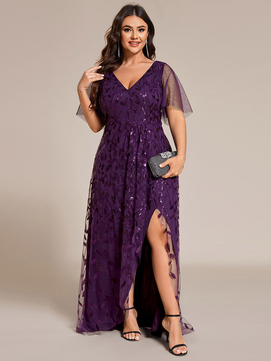 Robes de soirée pailletées à fente haute et col en V de grande taille #Couleur_Violet Fonce