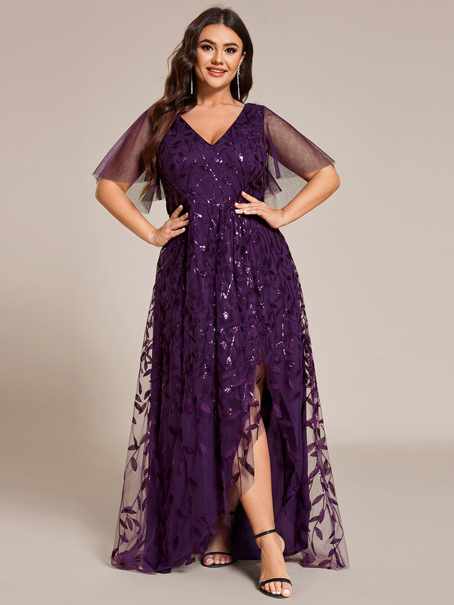 Robes de soirée pailletées à fente haute et col en V de grande taille #Couleur_Violet Fonce