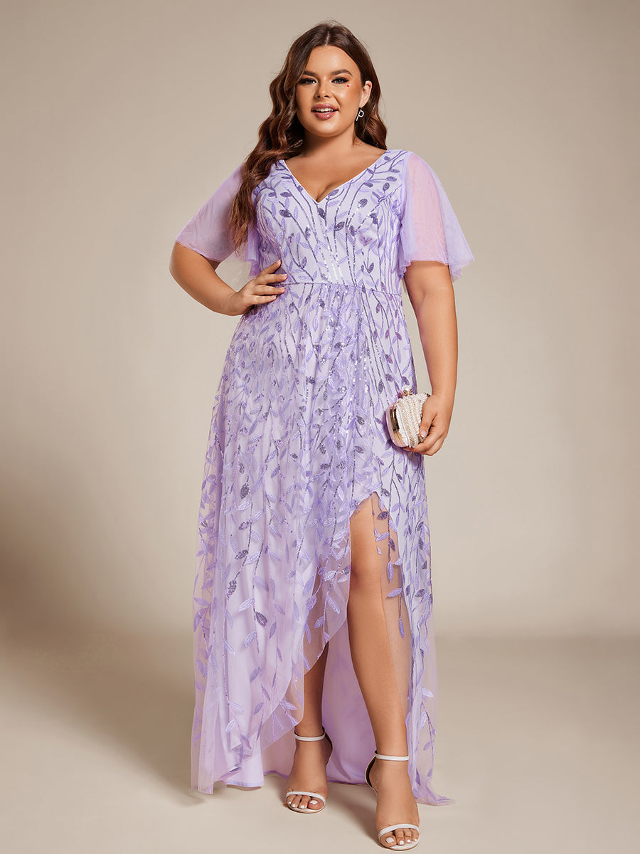 Robes de soirée pailletées à fente haute et col en V de grande taille #Couleur_Lavande