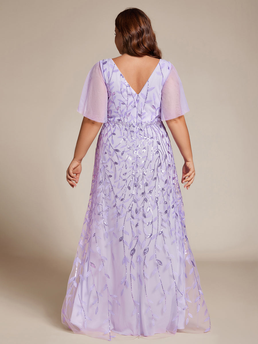 Robes de soirée pailletées à fente haute et col en V de grande taille #Couleur_Lavande