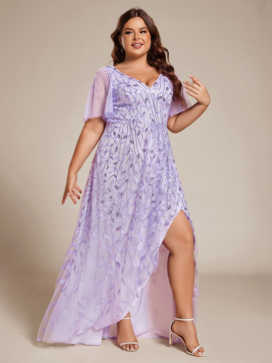 Robes de soirée pailletées à fente haute et col en V de grande taille #Couleur_Lavande