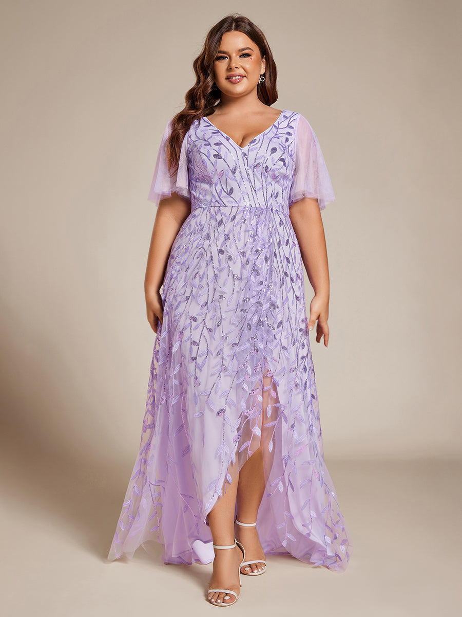 Robes de soirée pailletées à fente haute et col en V de grande taille #Couleur_Lavande