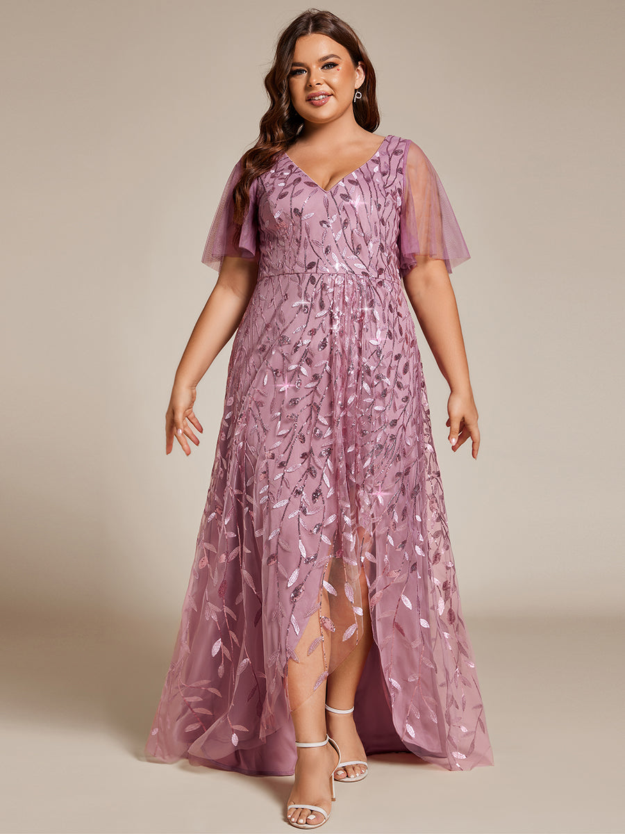 Robes de soirée pailletées à fente haute et col en V de grande taille #Couleur_Orchidee