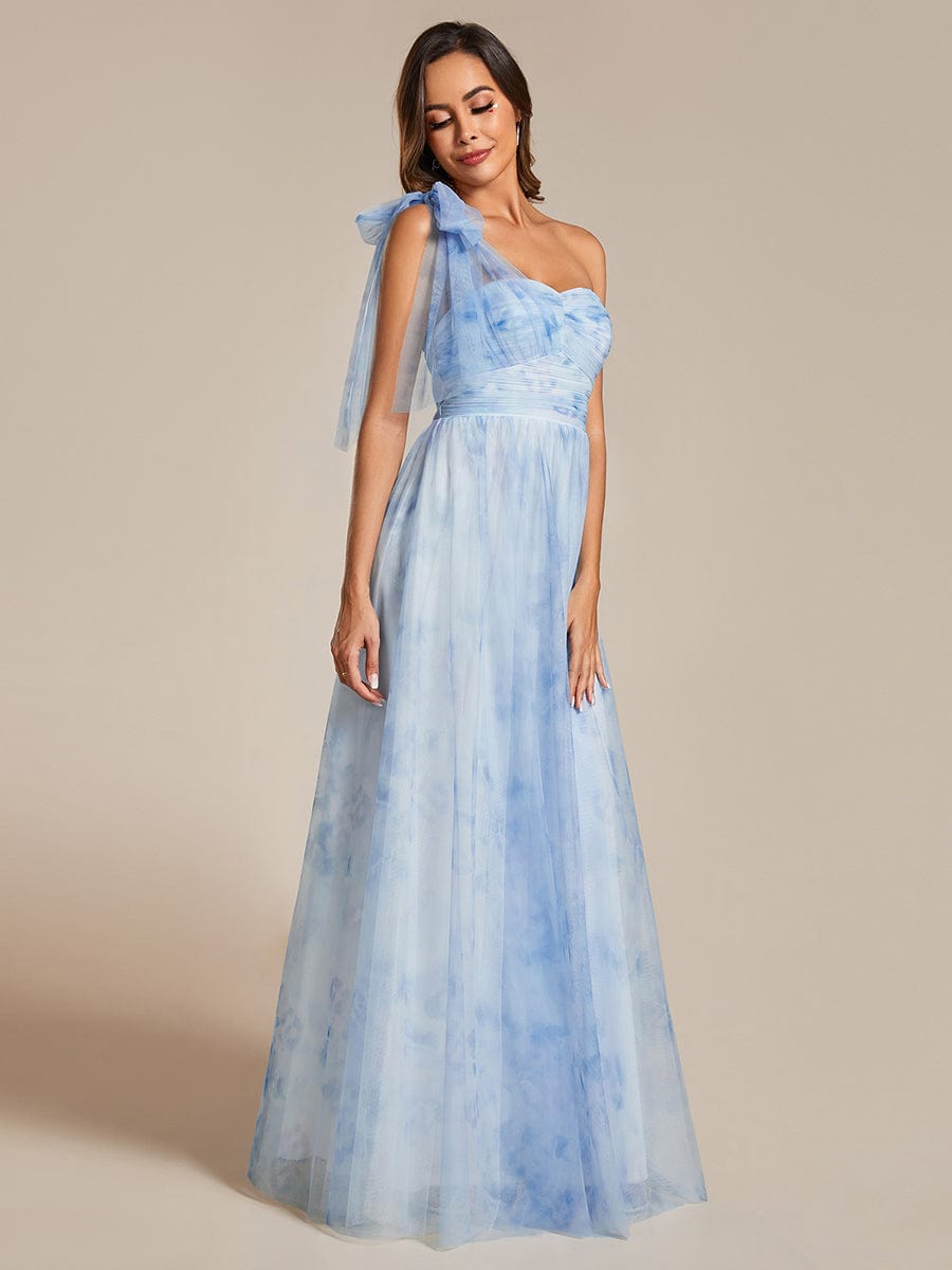 Robe de soirée taille empire florale sans bretelles multidirectionnelle avec plissé #Couleur_Bleu Glace