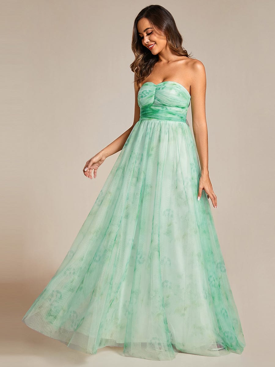 Robe de soirée taille empire florale sans bretelles multidirectionnelle avec plissé #Couleur_Menthe Verte