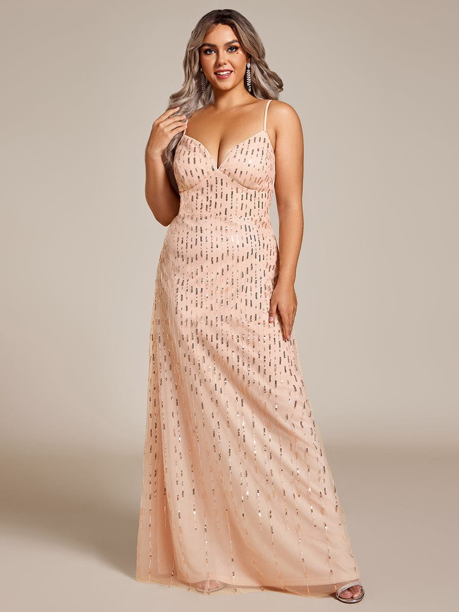 Robe de soirée taille haute à col en V profond et à paillettes ornée de bretelles spaghetti #Couleur_Or Rose