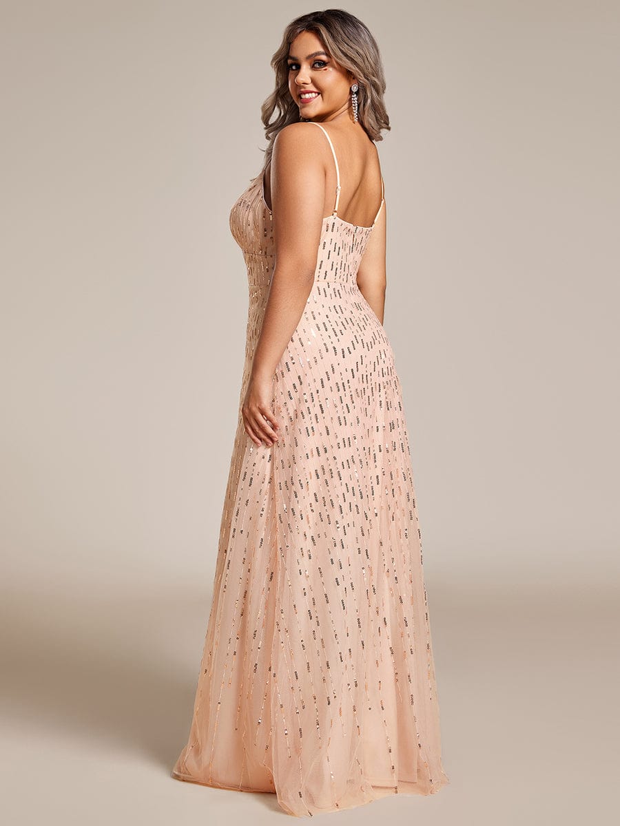 Robe de soirée taille haute à col en V profond et à paillettes ornée de bretelles spaghetti #Couleur_Or Rose