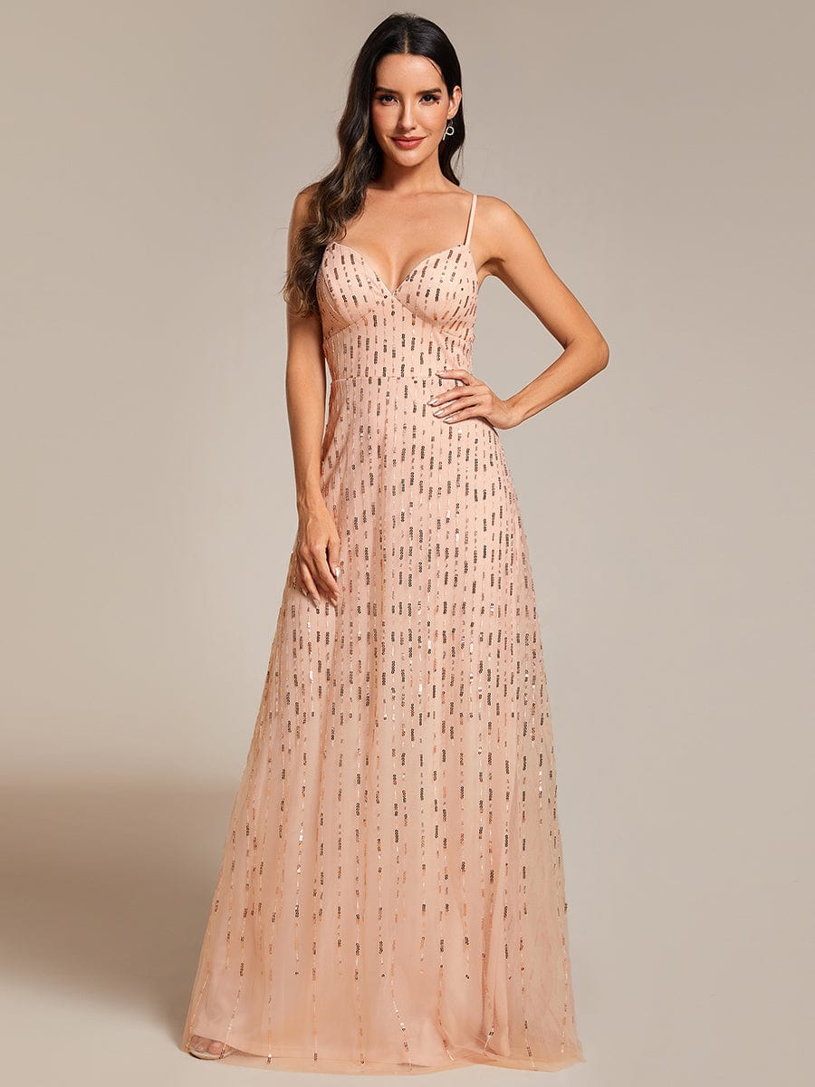 Robe de soirée taille haute à col en V profond et à paillettes ornée de bretelles spaghetti #Couleur_Or Rose