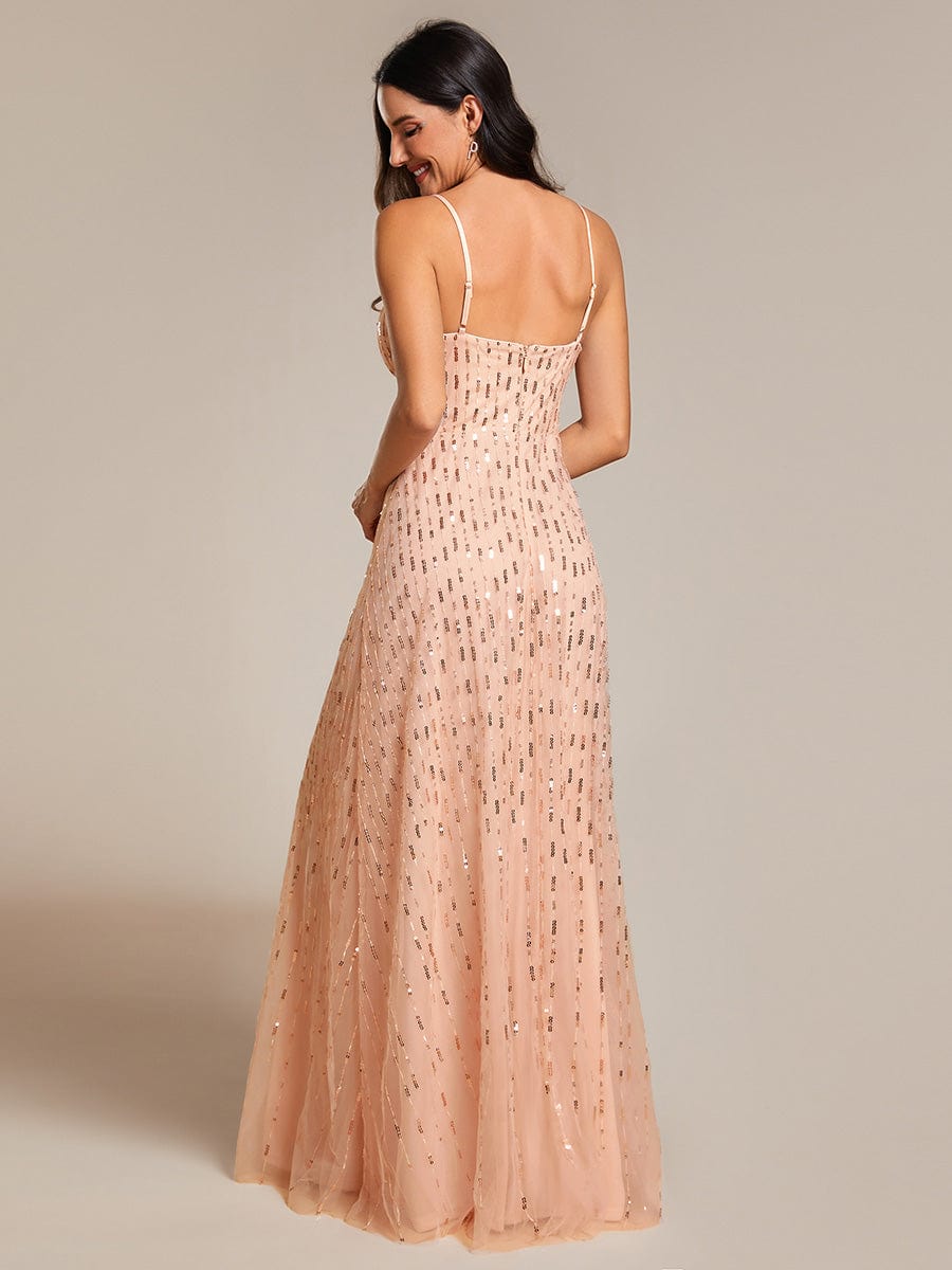 Robe de soirée taille haute à col en V profond et à paillettes ornée de bretelles spaghetti #Couleur_Or Rose