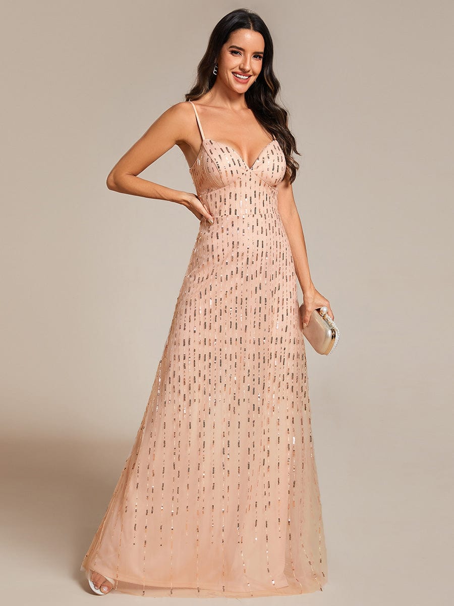 Robe de soirée taille haute à col en V profond et à paillettes ornée de bretelles spaghetti #Couleur_Or Rose