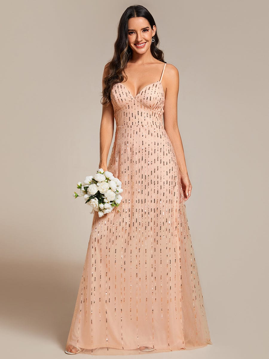 Robe de soirée taille haute à col en V profond et à paillettes ornée de bretelles spaghetti #Couleur_Or Rose