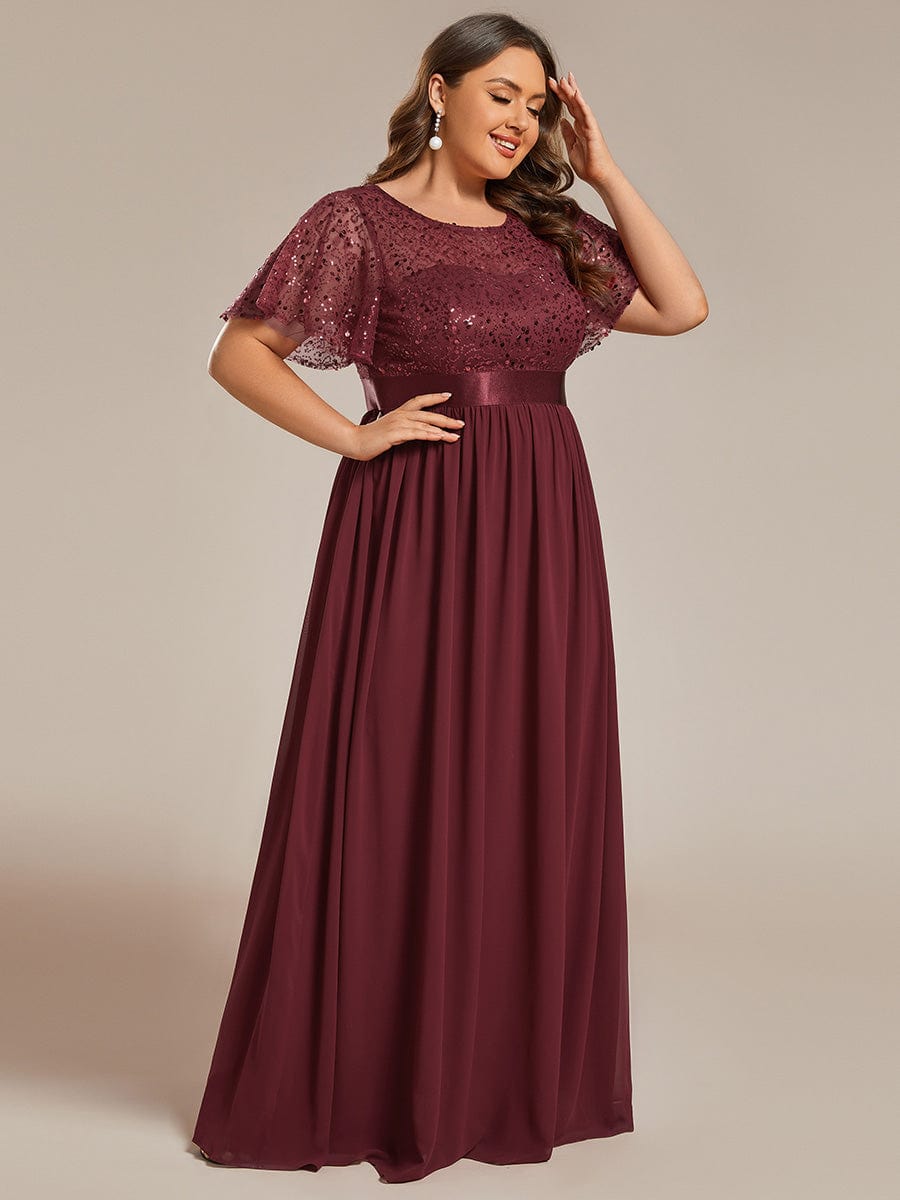 Robe de soirée à manches courtes et col rond à sequins taille haute de grande taille #Couleur_Bordeaux