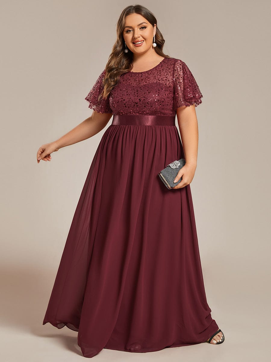 Robe de soirée à manches courtes et col rond à sequins taille haute de grande taille #Couleur_Bordeaux