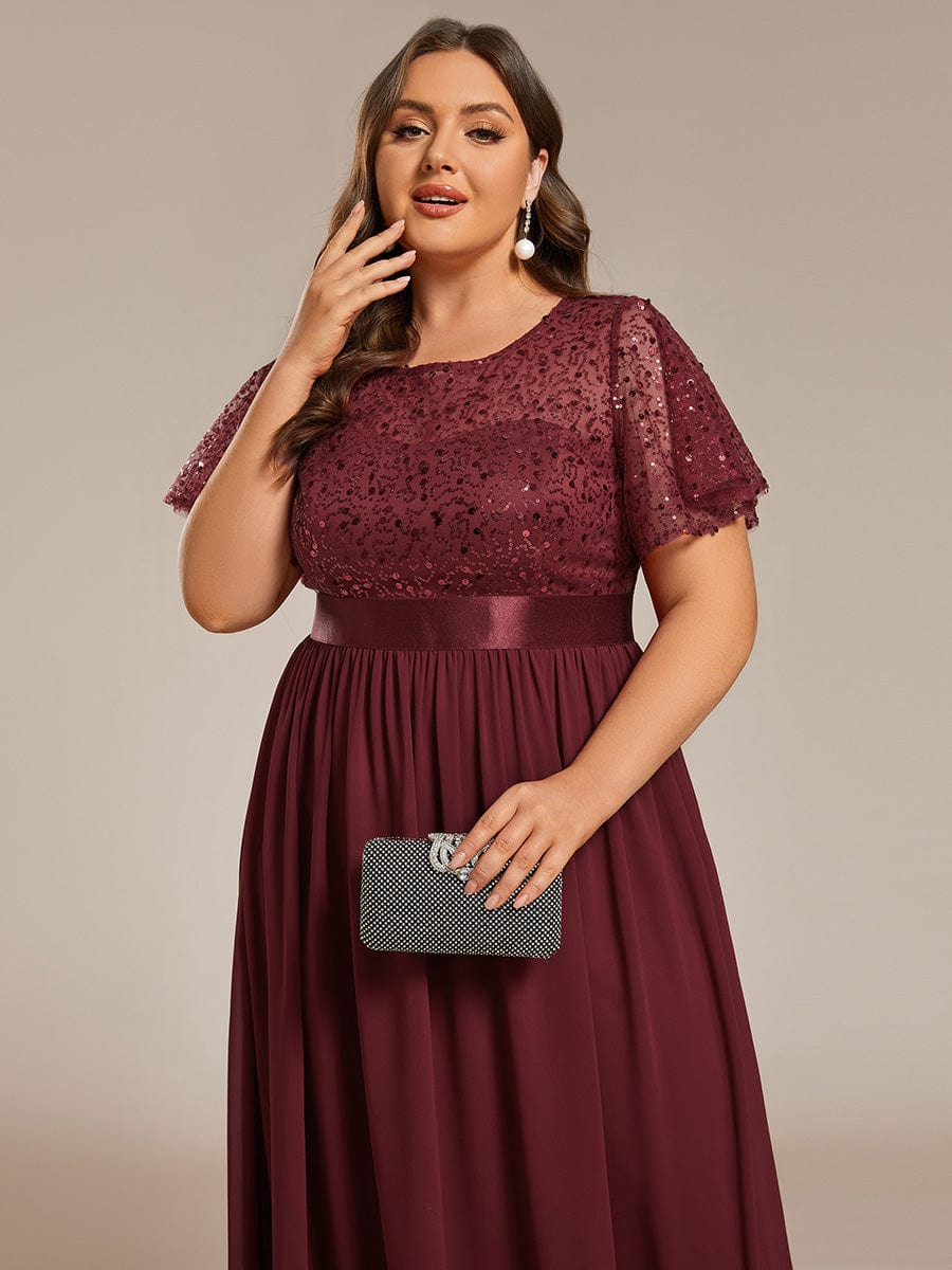 Robe de soirée à manches courtes et col rond à sequins taille haute de grande taille #Couleur_Bordeaux