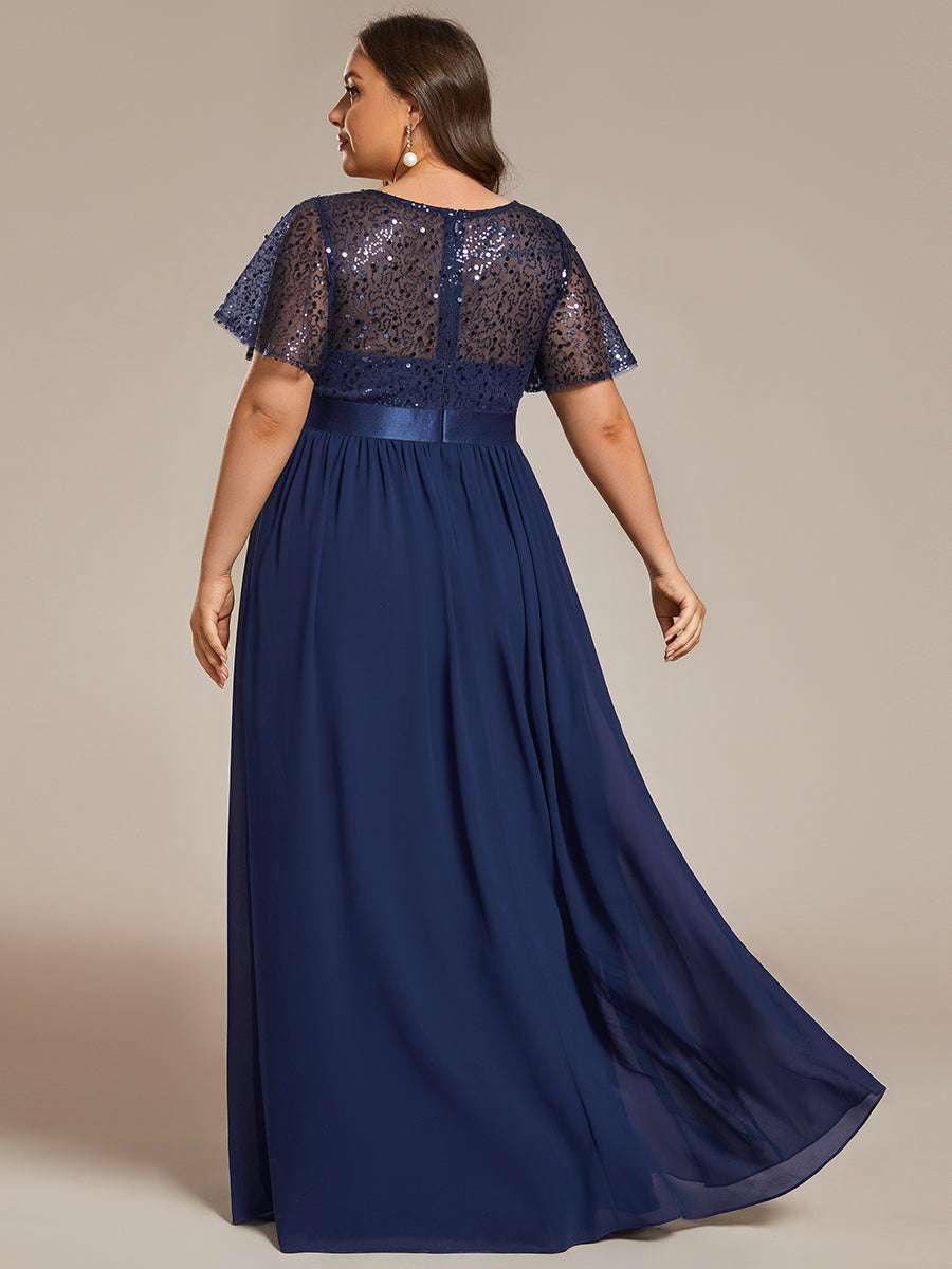 Robe de soirée à manches courtes et col rond à sequins taille haute de grande taille #Couleur_Bleu Marine