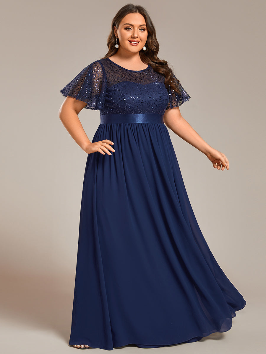 Robe de soirée à manches courtes et col rond à sequins taille haute de grande taille #Couleur_Bleu Marine