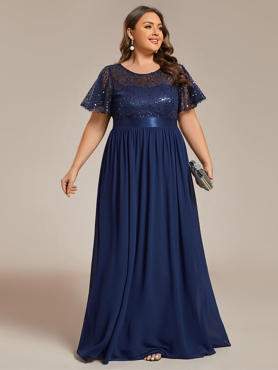 Robe de soirée à manches courtes et col rond à sequins taille haute de grande taille #Couleur_Bleu Marine