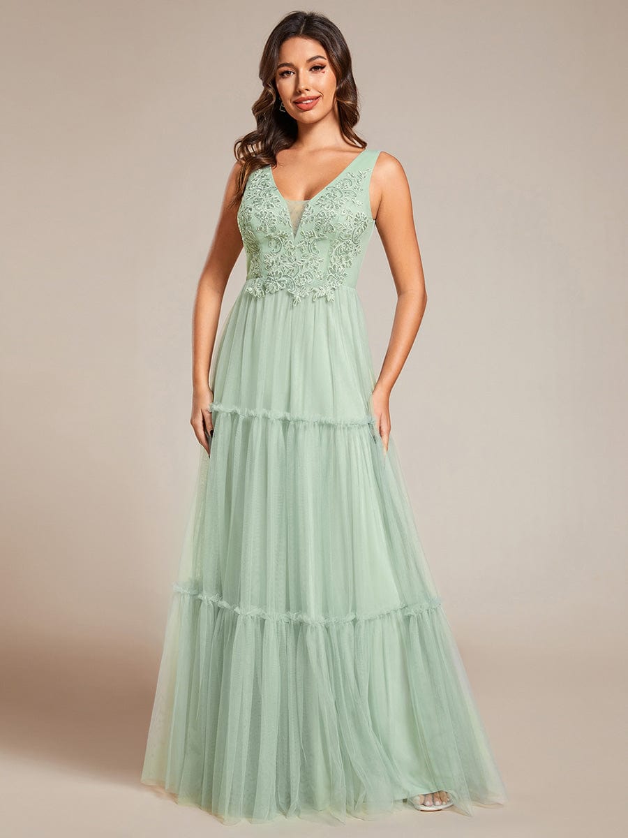 Robe de soirée en tulle transparent sans manches avec appliques #Couleur_Menthe Verte