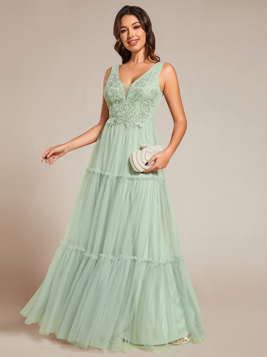 Robe de soirée en tulle transparent sans manches avec appliques #Couleur_Menthe Verte