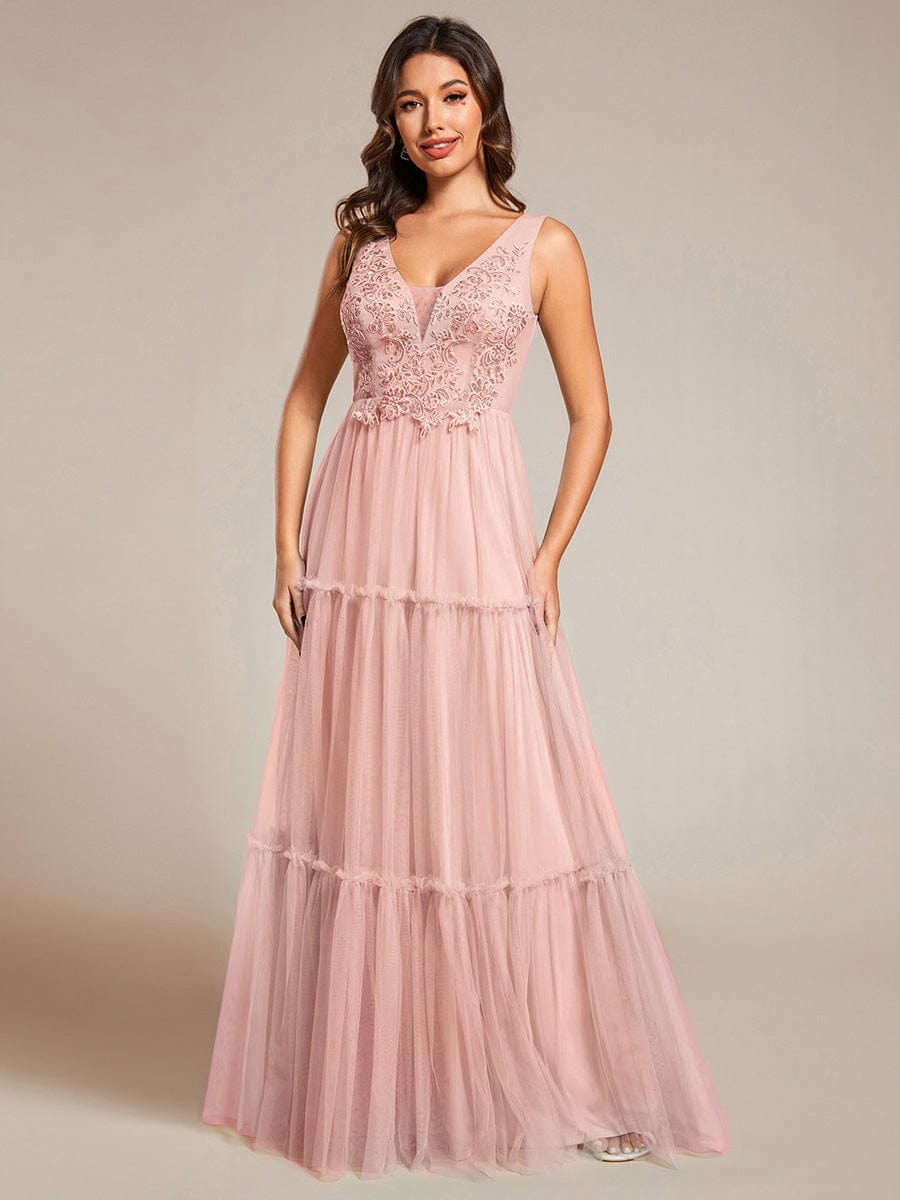 Robe de soirée en tulle transparent sans manches avec appliques #Couleur_Rose