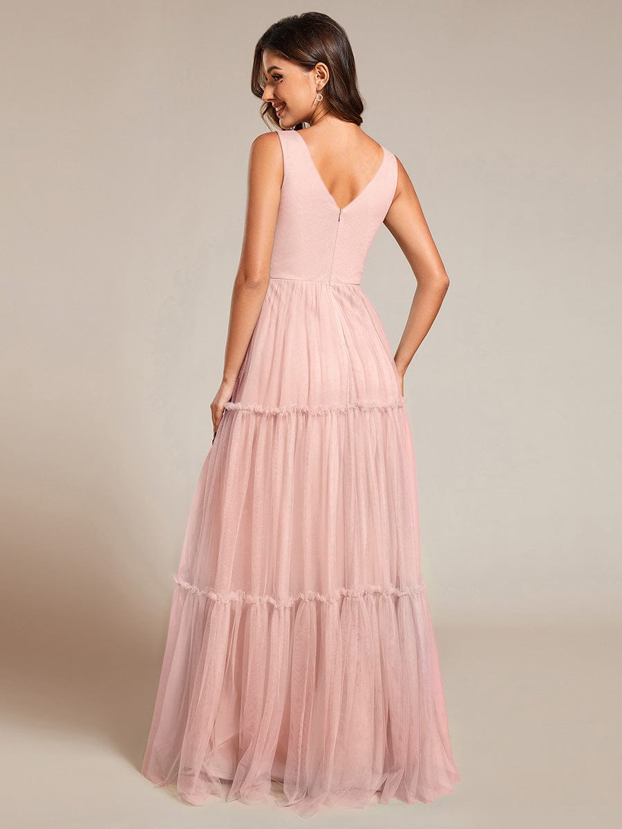 Robe de soirée en tulle transparent sans manches avec appliques #Couleur_Rose