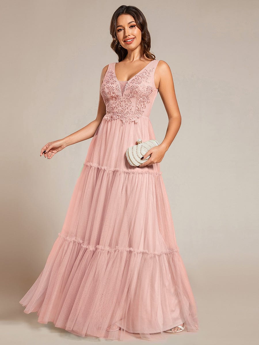 Robe de soirée en tulle transparent sans manches avec appliques #Couleur_Rose