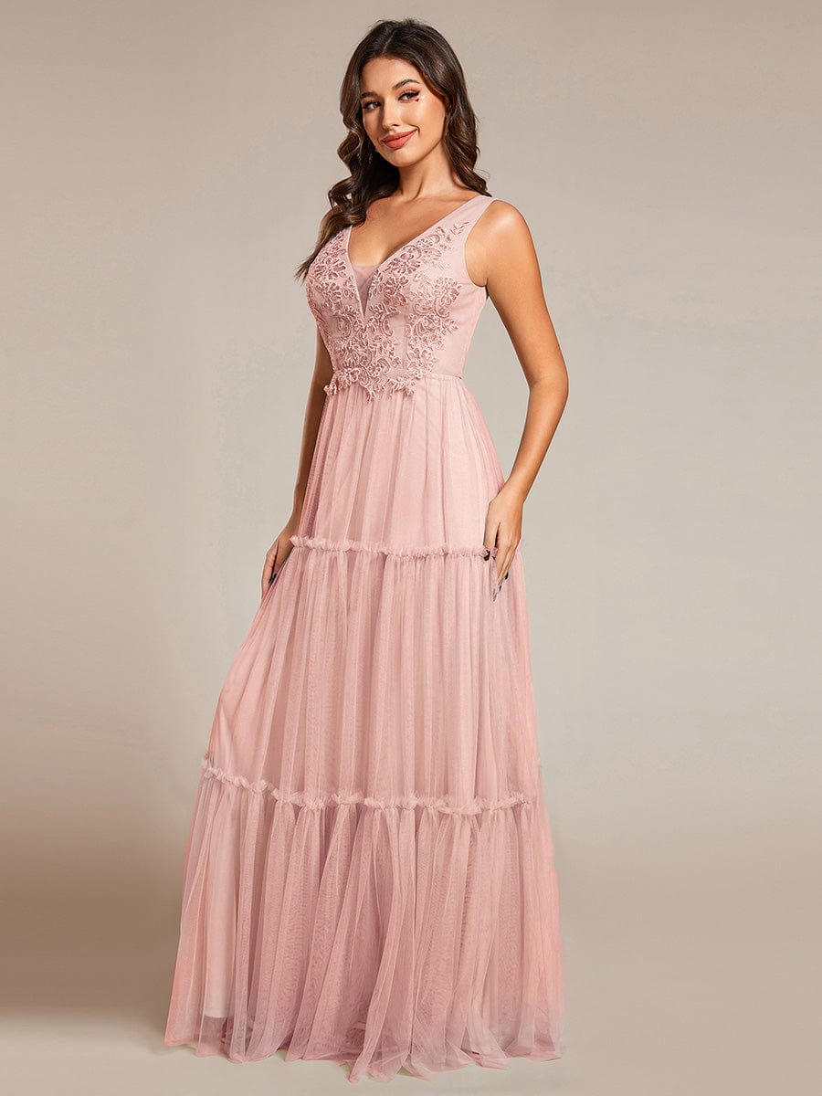 Robe de soirée en tulle transparent sans manches avec appliques #Couleur_Rose