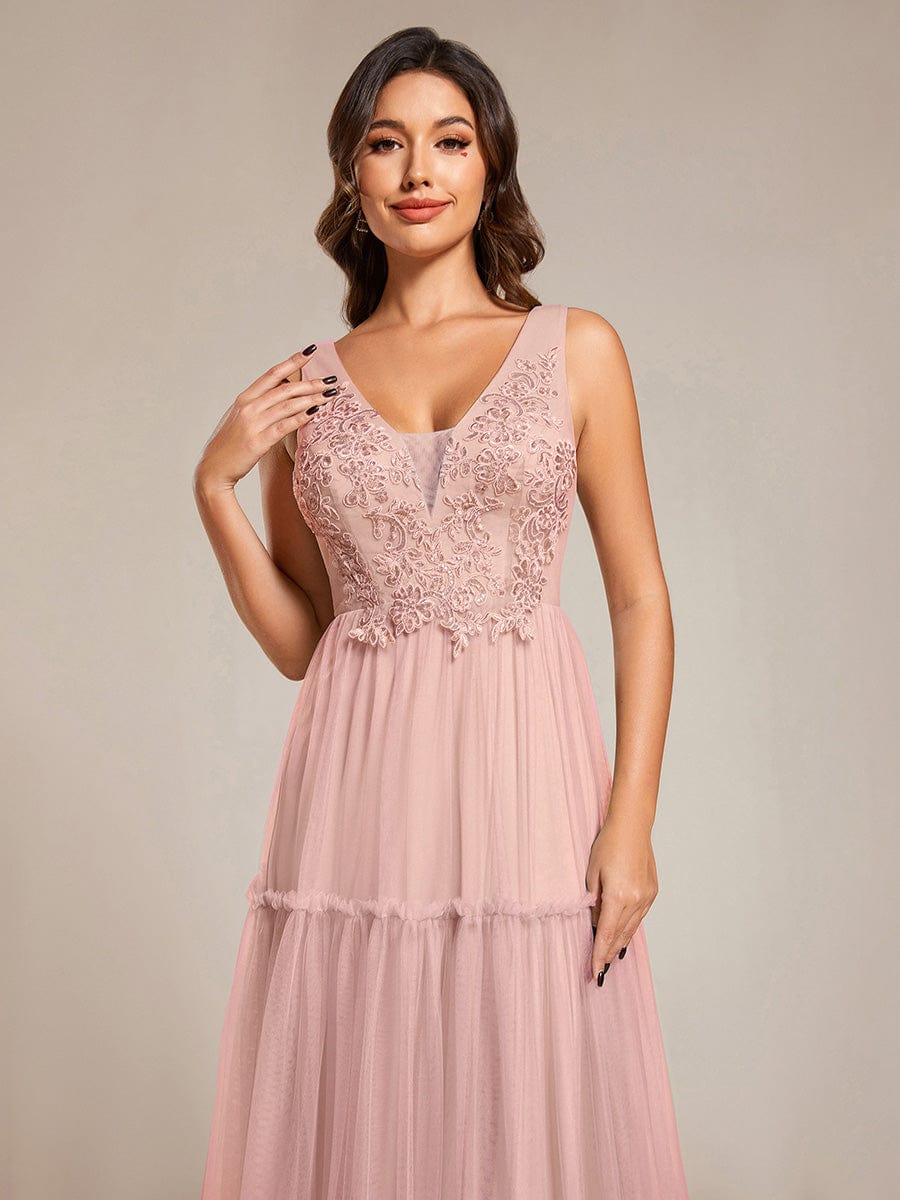 Robe de soirée en tulle transparent sans manches avec appliques #Couleur_Rose