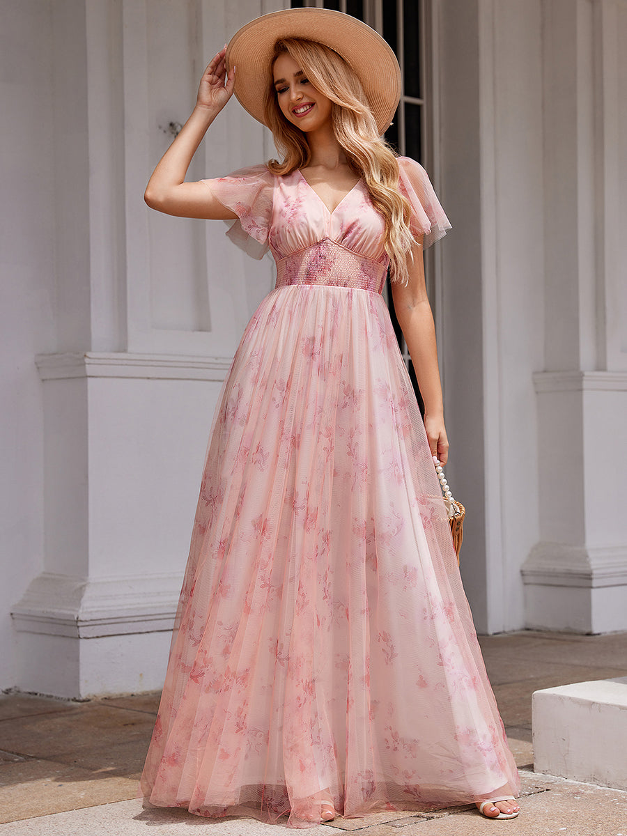 Robe de soirée trapèze en tulle floral col en V manches courtes#Couleur_Rose