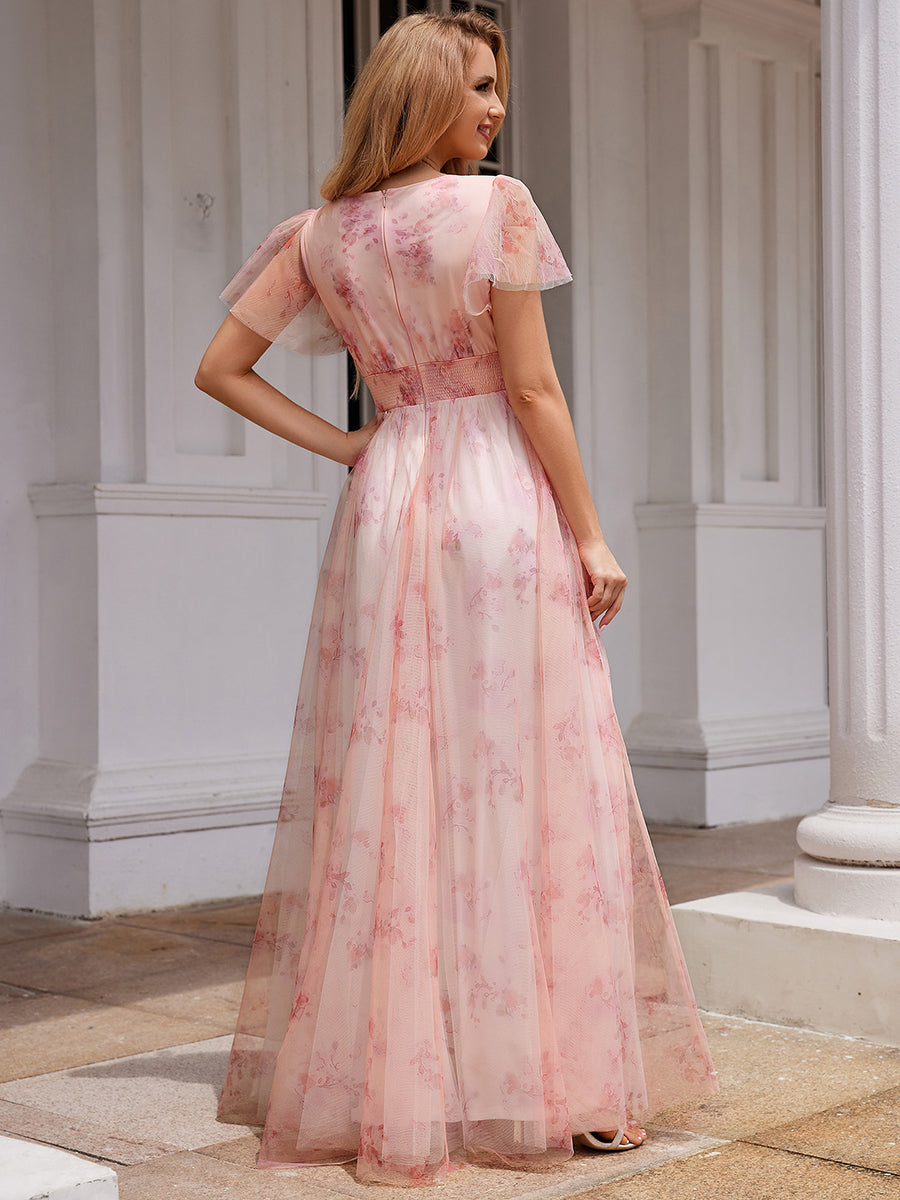 Robe de soirée trapèze en tulle floral col en V manches courtes#Couleur_Rose