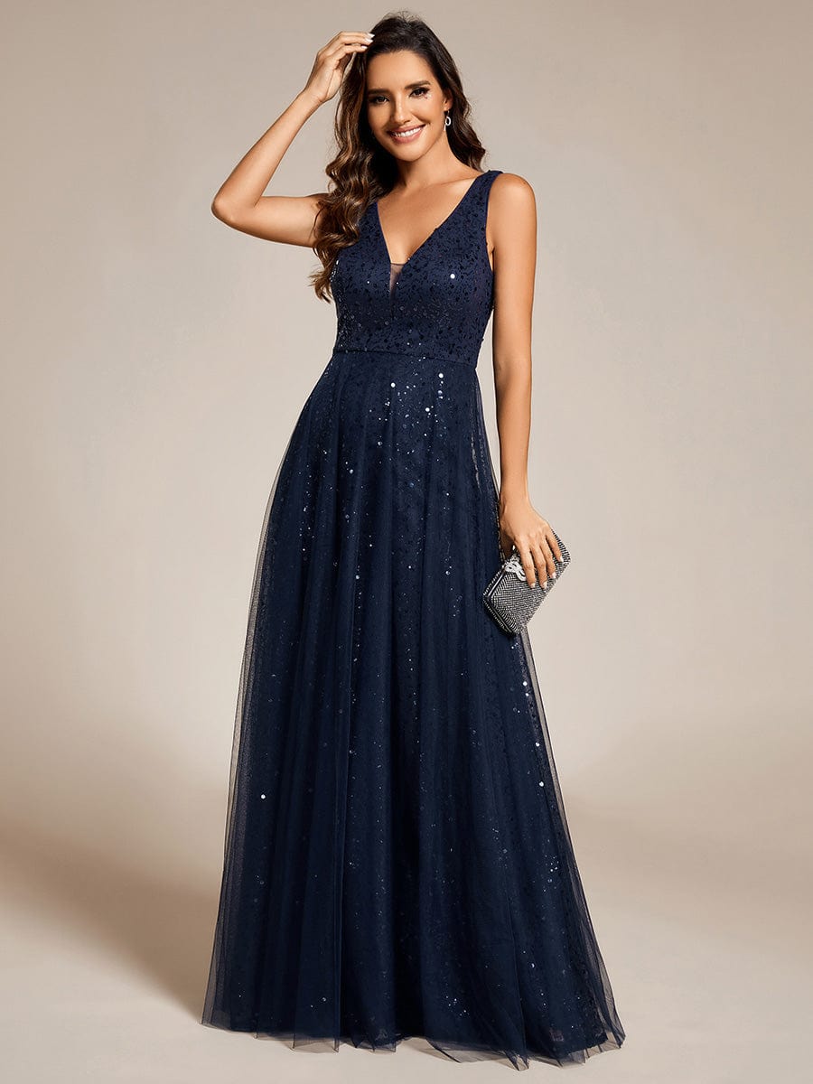 Robe de soirée en tulle transparent sans manches à col en V et paillettes #Couleur_Bleu Marine