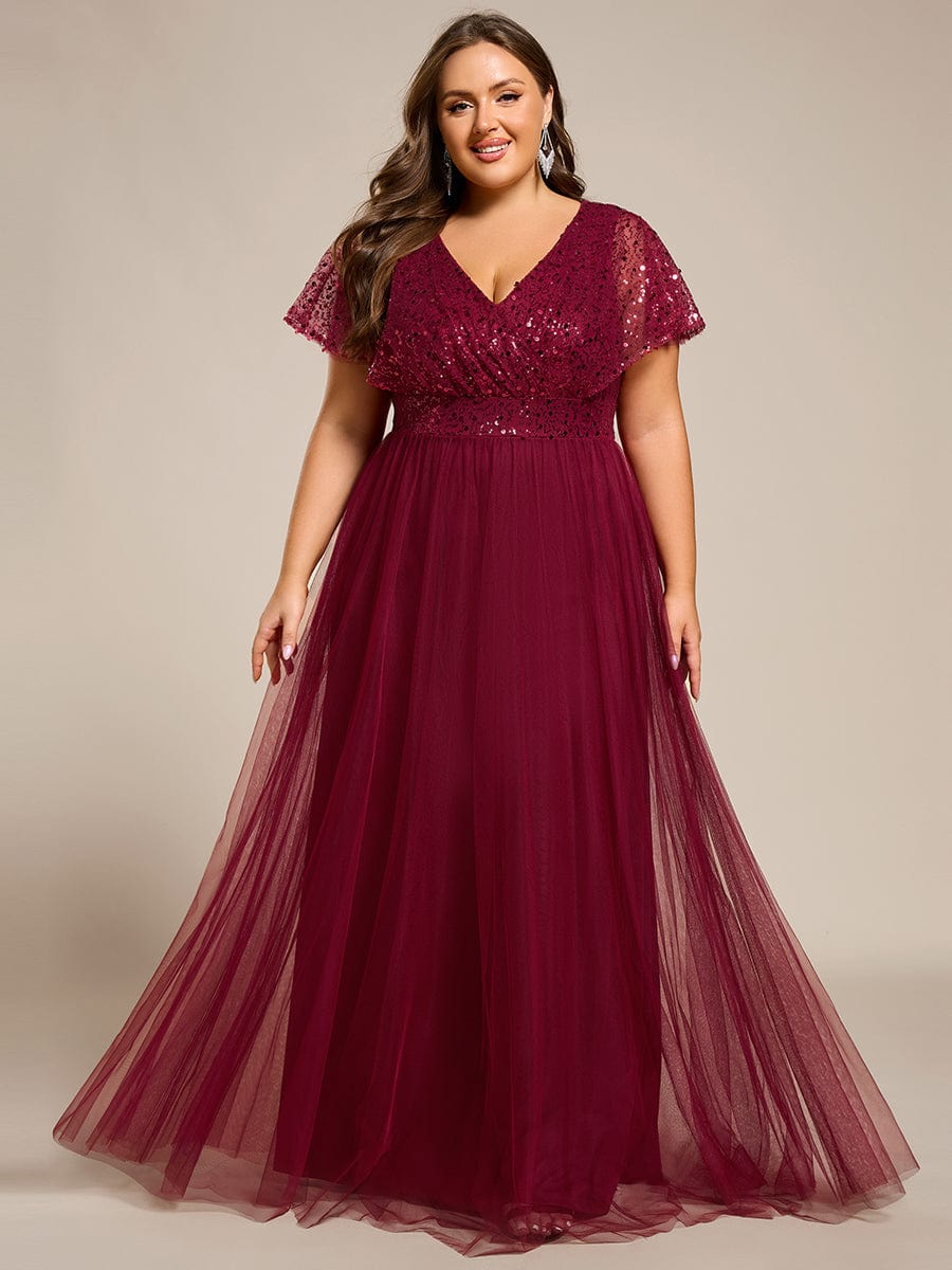 Robe de soirée formelle en tulle à sequins scintillants et col en V #Couleur_Bordeaux