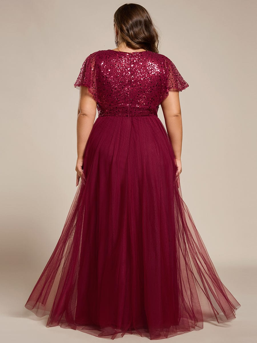 Robe de soirée formelle en tulle à sequins scintillants et col en V #Couleur_Bordeaux