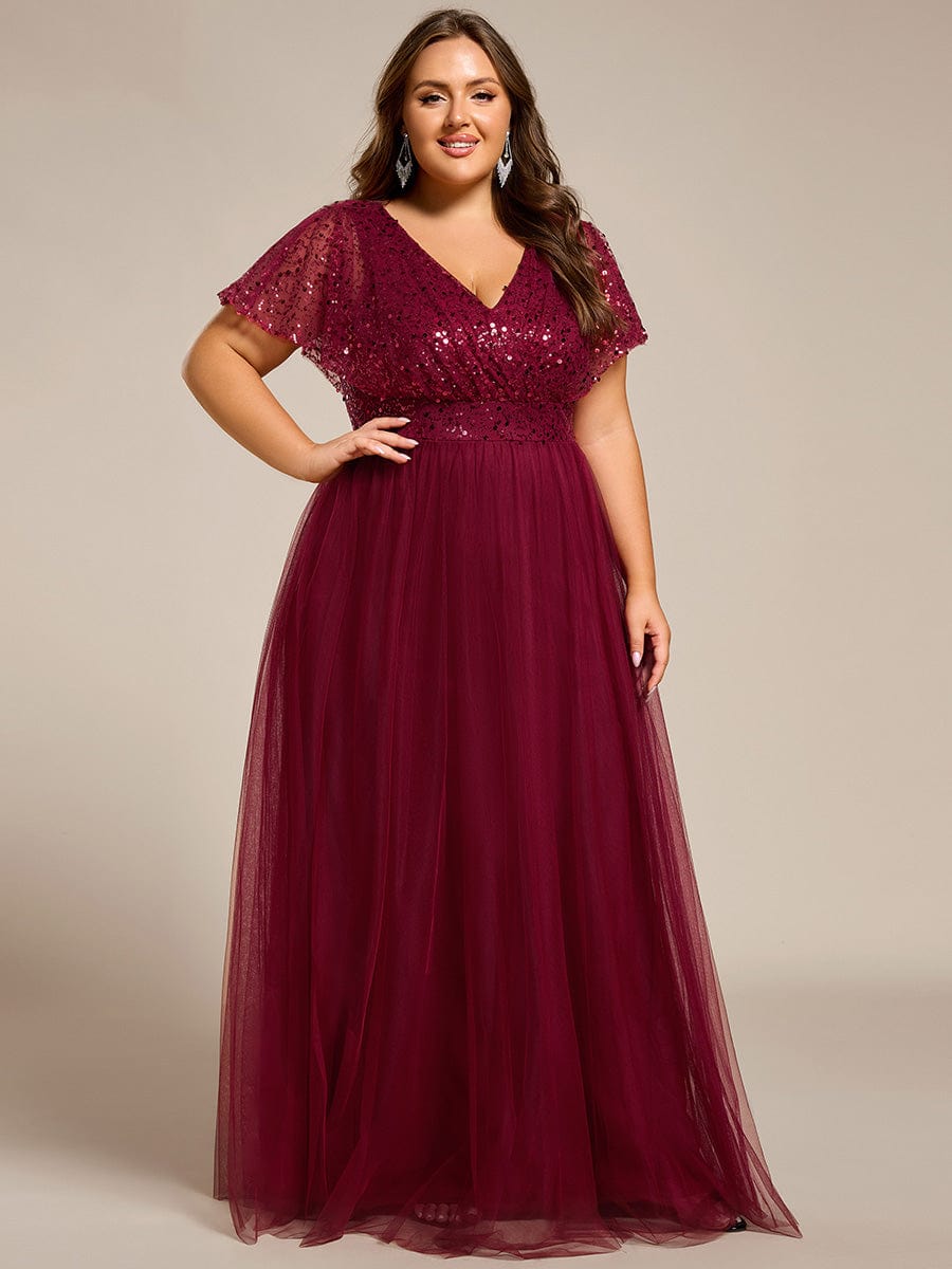 Robe de soirée formelle en tulle à sequins scintillants et col en V #Couleur_Bordeaux