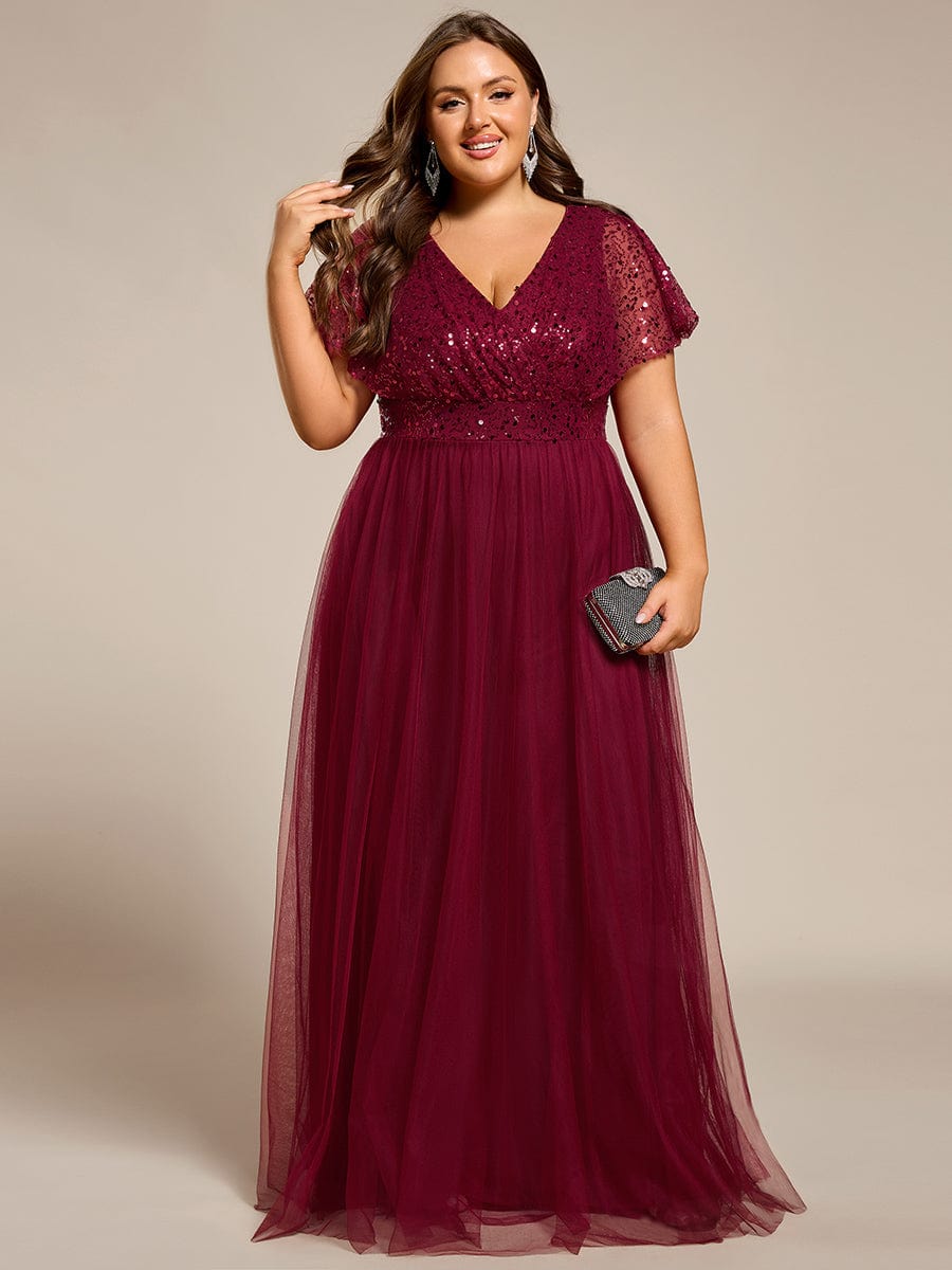 Robe de soirée formelle en tulle à sequins scintillants et col en V #Couleur_Bordeaux