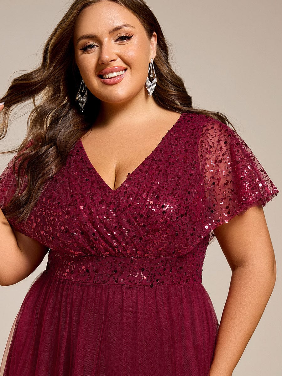 Robe de soirée formelle à paillettes manches courtes col en V grande taille #Couleur_Bordeaux